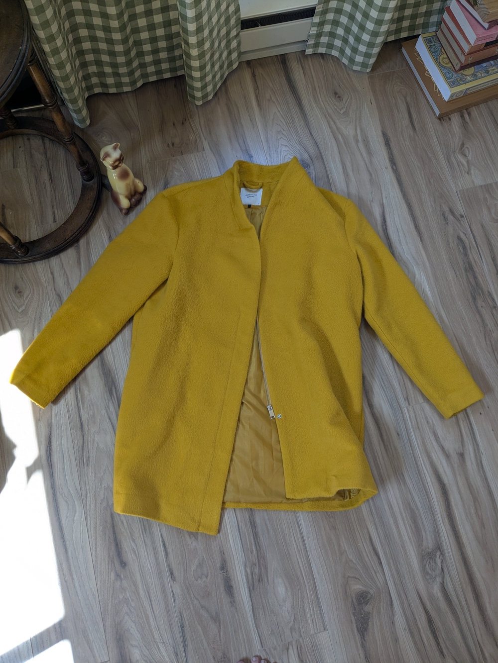 Mustard Yellow Women's Pea Coat - Classic Collarless Zip Front